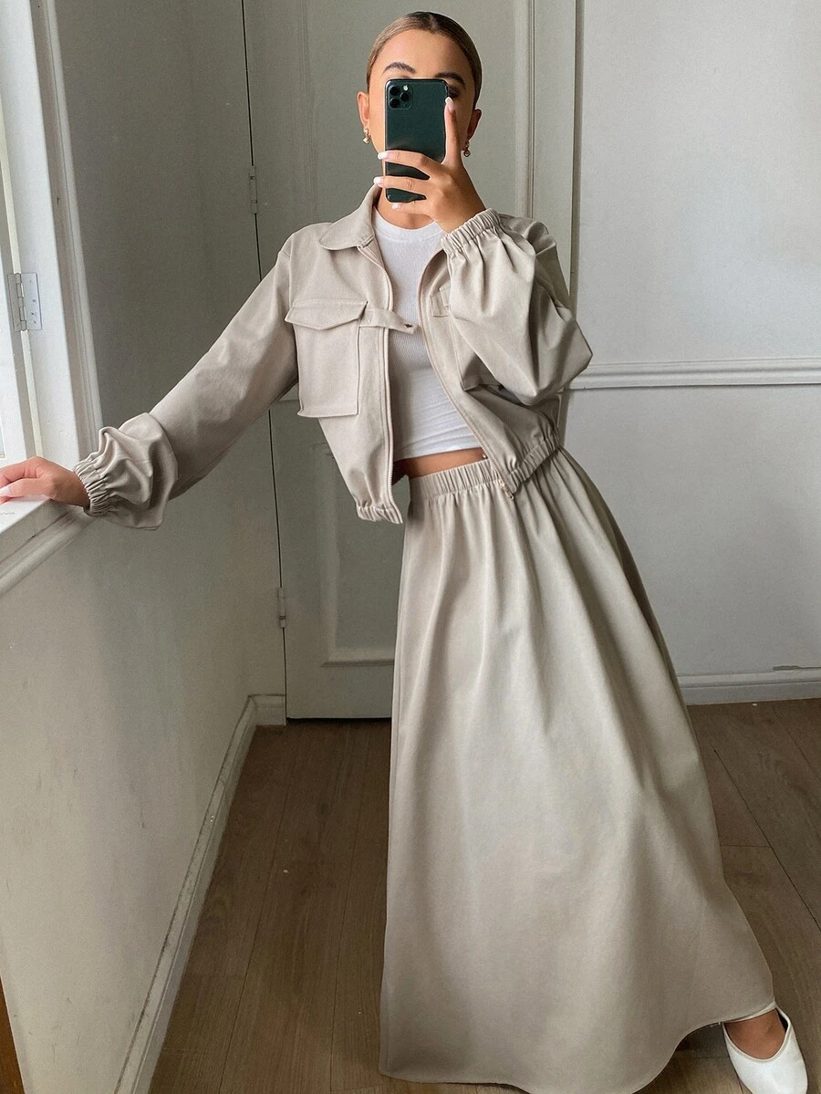 Livesso Setelan 2 Potong Jaket & Rok Kasual Musim Gugur untuk Wanita - Khaki - View 1