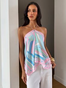 Aloruh Women's Elegant Tie-Dye Chiffon Print Halter Neck Tie Top For Beach Vacation - Multicolor - View 5