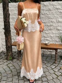 Sunnyshic Women's 2 Pieces Set: Satin Camisole Top & Lace Long Skirt - Champagne - View 3