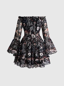 ROMWE Vintage Mushroom Forest Fairycore Off-Shoulder Bell Sleeve Plus Size Dress - Multicolor - View 2