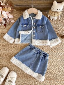 Baby Girl Autumn/Winter Blue Denim Fleece Trim Loose Short Jacket & Skirt 2-Piece Set - Blue - View 6