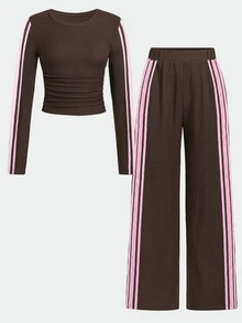 SHEIN Teen Girls Spring Autumn Brown Knitted Textured Fitted Ruched Crew Neck Pink Ribbon Trim Long Sleeve T-Shirt And Wide Leg Pants 2 Pieces Set, Suitable For Autumn Winter Layering - Brown - View 4