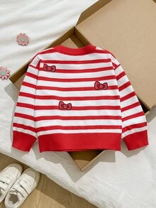 HELLO KITTY AND FRIENDS | SHEIN GraphicGems 女童秋冬休閒拼色條紋蝴蝶結印花針織衫 - 粉色 - 查看 2