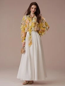 BELROSIE Áo blouse tay dài thanh lịch phong cách Âu Mỹ, thời trang mới thu đông, đa năng, in kỹ thuật số sợi kim tuyến, voan chiffon nhiều lớp bèo nhún thắt dây - Nhiều màu - Xem 6