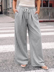 Avantive Women's Drawstring Pleated Wide Leg Loose Floor-Length Casual Sports Retro Slouchy Sweatpants - Grey - View 5