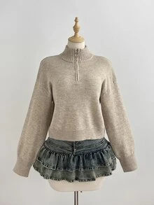 Elamini Sweater Pullover Leher Tinggi Setengah Resleting untuk Wanita, Cocok untuk Musim Gugur/Dingin, Mode Santai, Serbaguna, Minimalis, dan Kasual, Cocok untuk Perjalanan Sehari-hari - Khaki - View 5