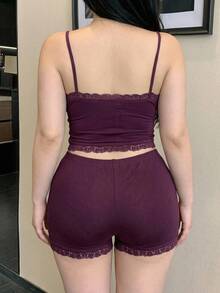 Dazy Plus Sexy Lace Patchwork Cropped Camisole & Shorts Purple Pajama Set - Purple - View 5