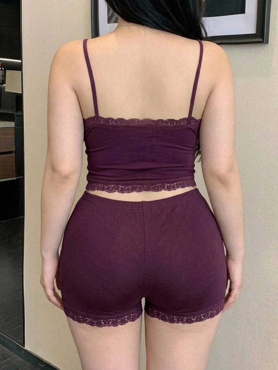 Dazy Plus Sexy Lace Patchwork Cropped Camisole & Shorts Purple Pajama Set