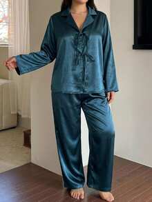 Dazy Plus Solid Color Satin Loose Top And Pants 2-Piece Set, Spring/Autumn Loungewear Pajama Set - Dark Green - View 3