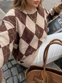 Dazy Plus Brown Colorblock Patchwork Argyle Loose Casual Versatile Pullover Sweater, Autumn/Winter - Brown - View 3