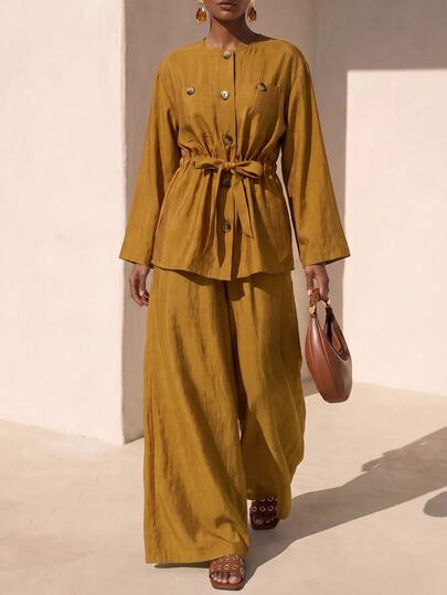 Zivah New Autumn/Winter Casual Commute Elegant Mustard Yellow Cargo Pocket Long Sleeve Blazer + Wide Leg Pants Women's 2 Pieces Set, Suitable For Daily Wear, Outings, Vacation, Beach, Party, Holiday, Airport Outfit, Brunch Outfit, Bohemian, Shopping, Women's Work Outfit, Graduation, Country Concert, Back To School