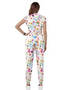 TaskEZ Silk Cartoon Graphic Cap Sleeve Drawstring Waist Scrub Jumpsuit - Multicolor - View 5