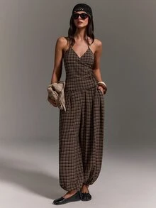 Athîral Women's Brown Plaid 2 Pieces Set,Halter Neck Wrap Tie Top,Sleeveless Backless Blouse,Balloon Pants For Daily Wear,Dating And Parties,Holiday Clothes - Coffee Brown - View 5