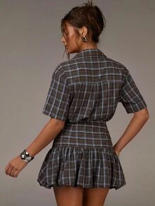 Athîral Women's Plaid Single-Breasted Short Sleeve Shirt And Pleated Mini Skirt 2 Pieces Set - Multicolor - View 2