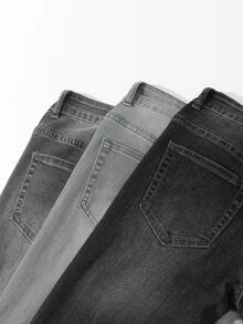 SHEIN Vacaura 3 piezas/Set Pantalones largos de mezclilla para niño preadolescente, Suave, Algodón, Casual, de Moda, Versátil, Cómodo, Minimalista, Cintura Elástica, Clásico 5 Bolsillos Ajuste Slim con Estiramiento, Lavado Negro Gris + Lavado Gris + Lavado Gris Claro, Adecuado para Uso Diario y Vacaciones - Multicolor - Ver 4
