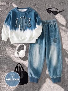Tween Boys Sweatshirt Set Denim Effect Tie Dye Dark Blue Crew Neck Digital Print Long Sleeve Paired With Long Pants For School Active Autumn Winter - Multicolor - View 8
