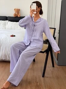Livesso Spring/Autumn White Women's Style Bow Decor Loose Split Leg Pajama Set - Purple - View 7