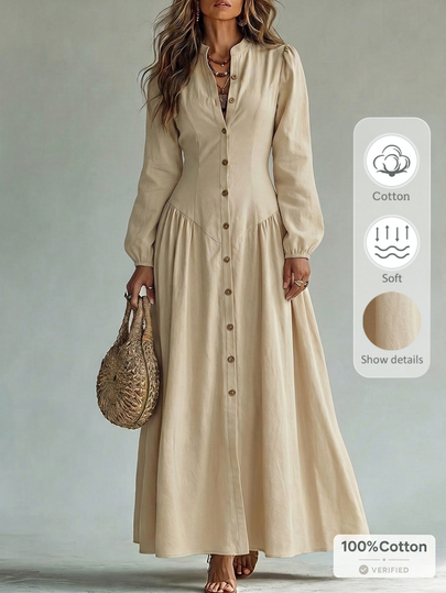 SHEIN Women's Dress Slim A-Line Cotton Single-Breasted V-Neck Cuffed Sleeve Large Swing Elegant Vintage Vacation Beige Long Dress Elegant Long Dress