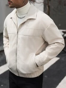 Manfinity CasualCool Men's Casual Jacket With Turn-Down Collar, Corduroy Zip-Up Cardigan - Beige - View 3