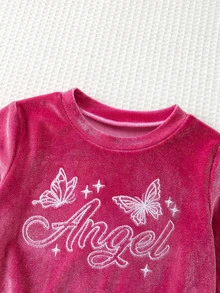 女嬰字母皇冠刺繡圖案天鵝絨圓領長袖套頭衛衣＋鬆緊腰長褲 2 件套，舒適百搭時尚可愛簡約休閒風，適合室內、戶外休閒、滑雪、開學、日常、運動、玩耍、派對、情人節等多種場合 - 彩色 - 查看 7