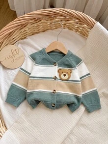 SHEIN Newborn Baby 3D Bear Pattern Colorblock Casual Daily Autumn Cardigan - Green - View 8