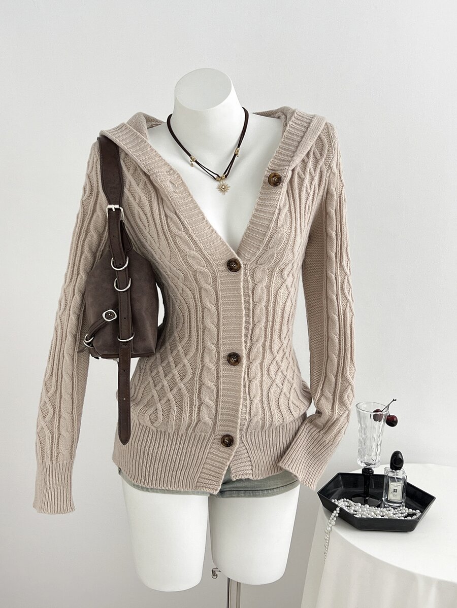 Elamini Women's Autumn/Winter Lazy Fashion Vintage Casual Daily Commute Home Cardigan - Khaki - View 1