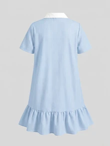 SHEIN 少女休閒舒適立領拼色羅紋素色洋裝，返校季公主風，適合畢業派對、生日派對，Y2K時尚街頭個性甜酷女孩風 - 藍色 - 查看 2
