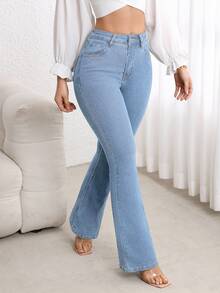 Flexra Casual Washed Flare Leg Denim Jeans - Blue - View 6