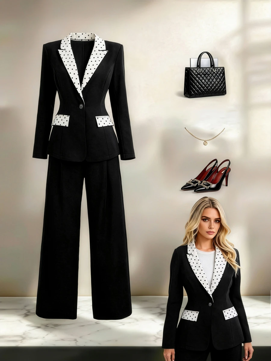 Yalmera Plus Size Women's Elegant Polka Dot Print Patchwork Blazer And Simple Long Pants Suit Set, Suitable For Workplace Office Formal Commute, Black Summer - Black - View 1