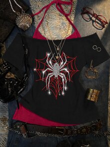 Attitoon Camiseta con cuello halter y patrón de araña con pedrería - Negro - Ver 2