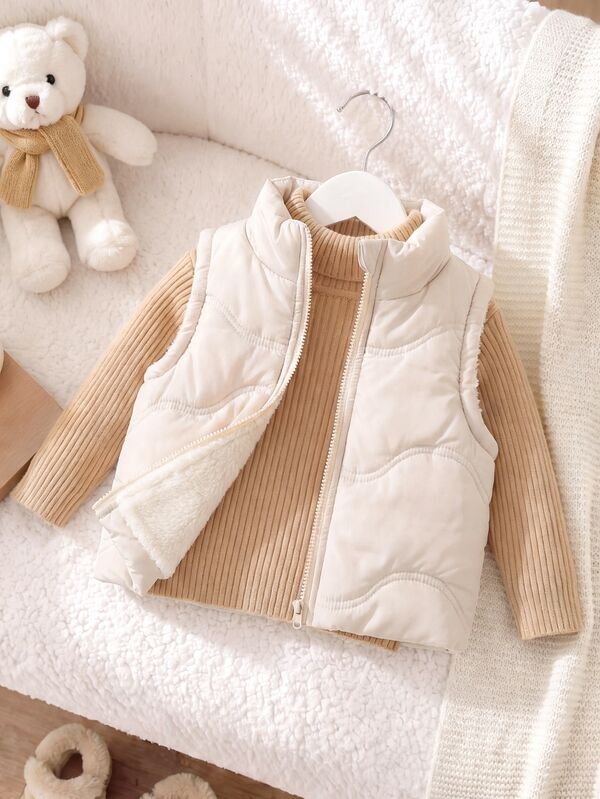 SHEIN Playful Pals 1pc Pink Stand Collar Sleeveless Zipper Fleece Vest For Baby Girl, Suitable For Casual Outings, Photo Shoots Or Comfortable Winter Versatile Outerwear
