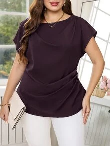 Reflora Plus Size Minimalist Pleated Waist Blouse For Office And Commute - Maroon - View 8