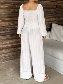 Dazy Plus 2pcs Textured Fabric Petal Sleeve Top & Straight Leg Long Pajama Pants Set, Spring/Autumn Sleepwear Outfit - White - View 6
