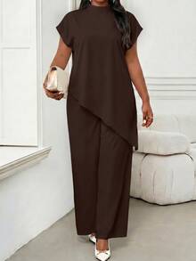 SHEIN Lady Plus Size Women Solid Color Asymmetrical Hem Top Dinner Formal Party Brown Summer Elegant - Brown - View 1