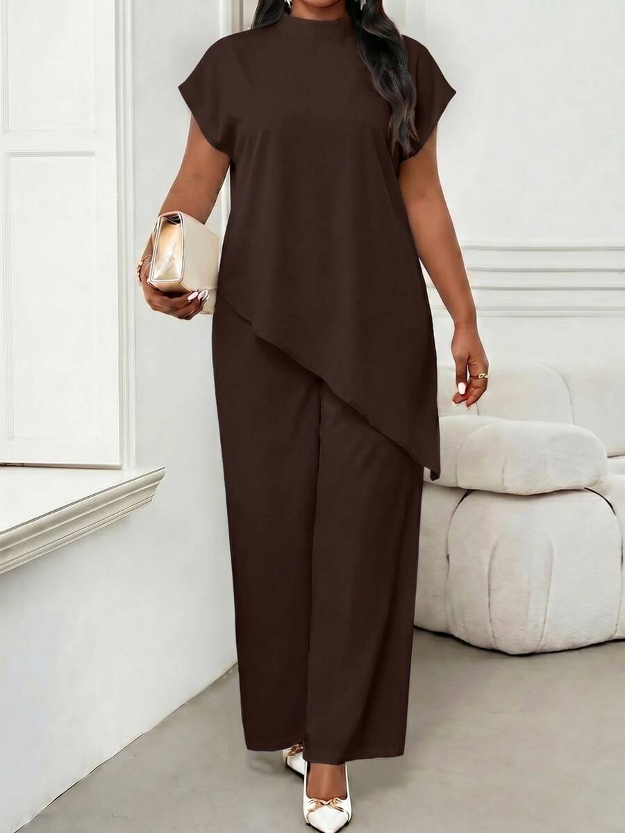 SHEIN Lady Plus Size Women Solid Color Asymmetrical Hem Top Dinner Formal Party Brown Summer Elegant - Brown - View 1