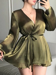 Dazy Plus Green Chiffon Blouse With Asymmetrical Front, Tie Waist, Long Sleeves, Elegant For Wedding And Party - Dark Green - View 1