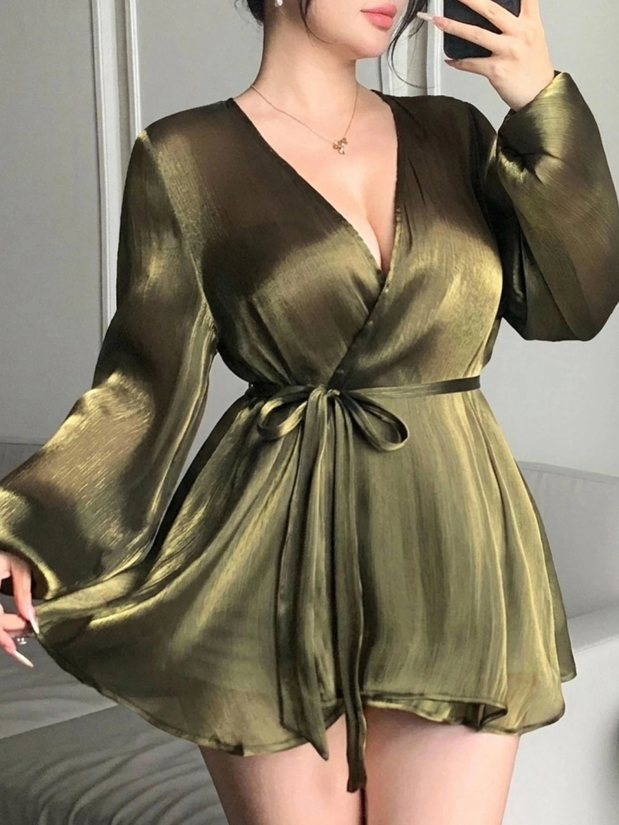 Dazy Plus Green Chiffon Blouse With Asymmetrical Front, Tie Waist, Long Sleeves, Elegant For Wedding And Party - Dark Green - View 1