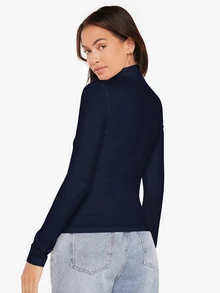 SHEIN BASICS High Neck Long Sleeves Rib-Knit Form Fitted Tee Tops For Women Black Tops - Navy Blue - View 2