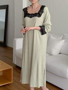 DAZY Women's Comfortable Versatile Lace Patchwork Long Sleeve Nightgown - Khaki - View 12