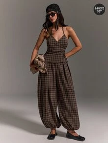 Athîral Women's Brown Plaid 2 Pieces Set,Halter Neck Wrap Tie Top,Sleeveless Backless Blouse,Balloon Pants For Daily Wear,Dating And Parties,Holiday Clothes - Coffee Brown - View 3