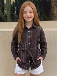 DAZY Tween Girl) Striped Long Sleeve Fashion Tie-Front Casual Shirt, Autumn New Arrival - Brown - View 3