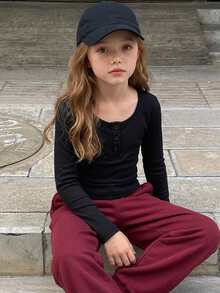 DAZY Tween Girl) Black Fitted Long Sleeve Half-Button Front Inner Layer Crew Neck T-Shirt, Autumn - Black - View 3