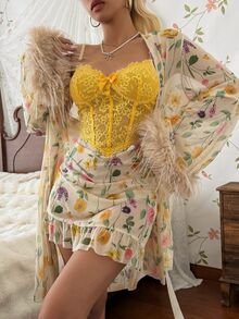 CottageSlumber Mature Style Spring Floral Digital Print Feather Bell Sleeve Robe & Sexy Yellow Lace Corset Cami Pleated Mermaid Nightgown 2 Pieces Set For Women - Multicolor - View 3