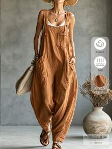 Glimmora Women's Fashion Solid Color Button Strap Pocket Jumpsuit - Yellow - View 1