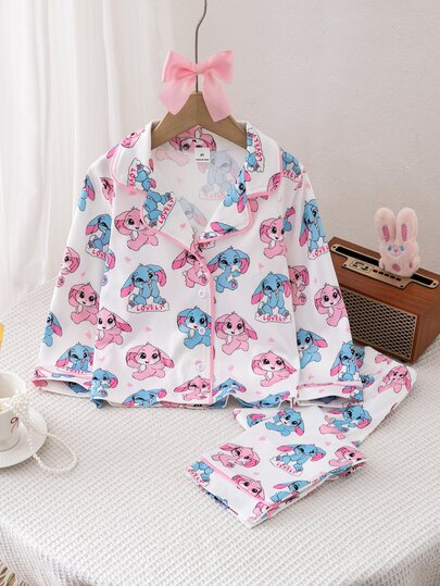 SHEIN Conjunto de 2 piezas de ropa de estar en casa para niñas, top de manga larga con abertura delantera y pantalones, estampado de lazo de hada de dibujos animados, rosa, dulce, lindo, elegante, casual, cómodo para uso diario