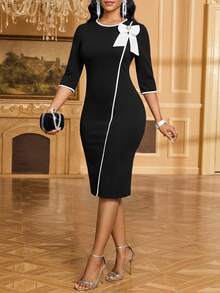 SHEIN Lady Gaun Midi Slim Fit Elegan untuk Pesta Wanita dengan Dekorasi Pita - Hitam dan Putih - View 3