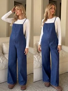 SHEIN 孕婦休閒牛仔吊帶褲 - 藍色 - 查看 1