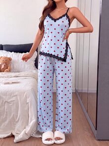 Napfluff Heart Print Cami Home Set, Black Lace Trim Asymmetrical Hem Playful Pajamas - Blue - View 3