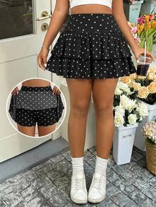 Solflare Plus Polka Dot Print Ruffle Hem Skirt - Black - View 1