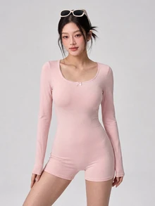 DAZY Women's Solid Color Bow Decor Long Sleeve Athletic Romper Fall - Pink - View 5
